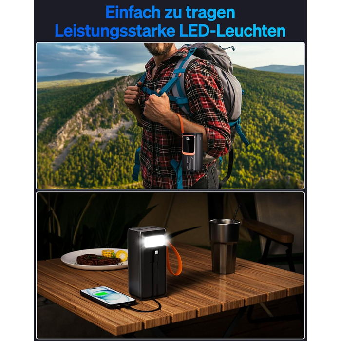 Портативний зарядний пристрій Power Bank 50000 mAh з вбудованим кабелем: швидка зарядка 22,5W, велика ємність, LED-ліхтарик, 7 виходів & 3 входи, чорний