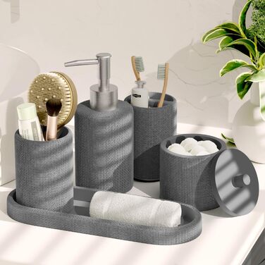 Набір для ванної кімнати Clara Clark – 5-ти елементний набір аксесуарів для ванної кімнати, салатовий колір (сірий), повний комплект + килимок для ванної