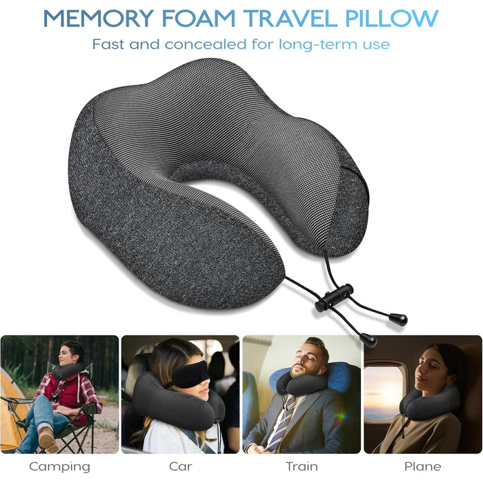 Подушка для шиї у літак - подушка для подорожей 100% Memory Foam - портативна подушка для літака - з 3D-маскою для сну та берушами - ідеальна для літака, авто, дому, офісу, подушка для сну (Сіра)