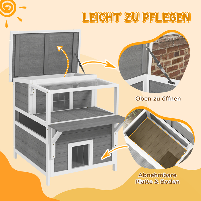 PawHut Cat Cave, Pine Wood Cat House, Cat House with Balcony, Entrances, for Cats up to 5 kg, Outdoor, 64 x 87 x 76 cm, Light Gray | Aosom
