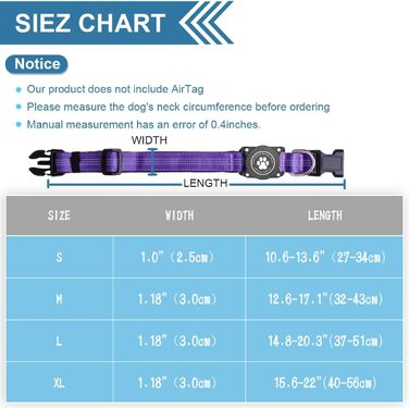 Світловідбиваючий нашийник для Apple AirTag для собак, регульований, водонепроникний, для малих, середніх та великих собак, L (32-43.5 см), фіолетовий