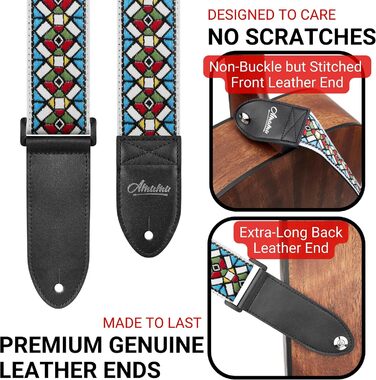 Гітарний ремінь Amumu з бавовни з вишивкою троянд та шкіряними кінцями для бас-, електро- та акустичної гітари, з фіксатором для голівки та блоками для ременя (Білий)