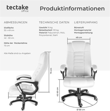 Офісний крісло tectake® з регулюванням висоти, обертання, підлокітники, функція гойдання, штучна шкіра, 12 см м'якість - білий колір