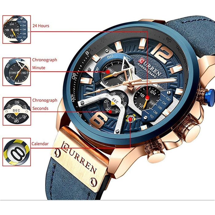 Чоловічий годинник CURREN, кварц, шкіряний ремінець, хронограф, стильний аксесуар, аналоговий годинник, подарунок для тата, друга, блакитний, кварцовий годинник, хронограф