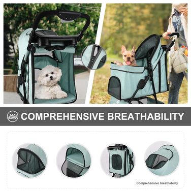 Дитяча коляска для тварин, складна, для котів/собак, з кошиком для зберігання та тримачем для напоїв, 3 колеса, для собак та котів, для маленьких або середніх собак, котів, цуценят (Блакитно-зелений)