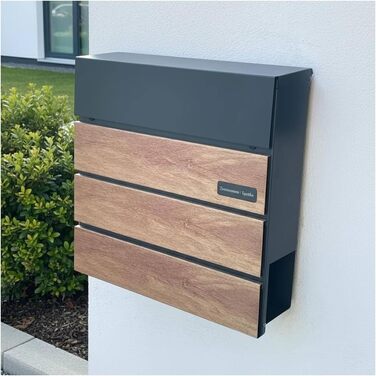 Поштовий ящик Metzler Anton антрацит з дерев'яною текстурою, настінний, з відділенням для газет та гравіюванням імені