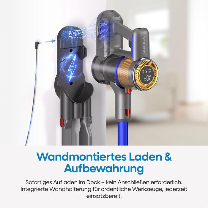 UNINELL HOME Бездротовий акумуляторний пилосос 45000Pa/450W/60Min з LED-дисплеєм, антизаплутана щітка, тихий, для килима, твердих поверхонь та шерсті тварин, блакитний