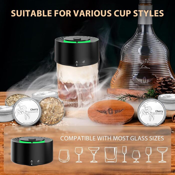 iDiskk Набір для копчення коктейлів: електричний димогенератор для віскі, вбудований запальник, 6 дерев'яних стружок для Old Fashioned, бурбон, міксологія