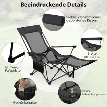 Крісло для кемпінгу та риболовлі Costway з підставкою для ніг, регульованою спинкою, підголівником, тримачем для напоїв та бічною кишенею (Сірий)