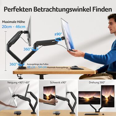 Кронштейн для двох моніторів Acer Dual-Monitor Arm, газліфт для екранів 17-32 дюймів, навантаження 2-9 кг, VESA 75/100 мм, з кабельний-менеджментом