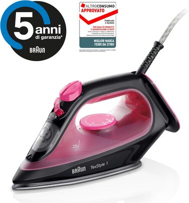 Праска з парою Braun TexStyle 1 SI1019RD - 1.900 Вт, 120 г/хв, для використання з водою з-під крана, антипригарна підошва, швидкий нагрів (35 сек.)