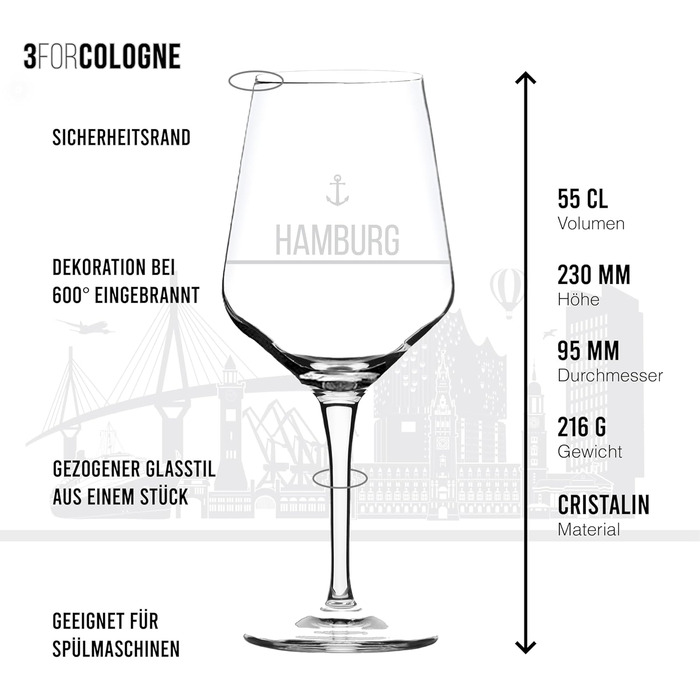 Set of 2 Wine Glasses Hamburg | Gift in elegant packaging | Screen print, more detailed than engraving | Wine glass set usable as red wine glasses or white wine glasses | XL wine glass souvenir.
