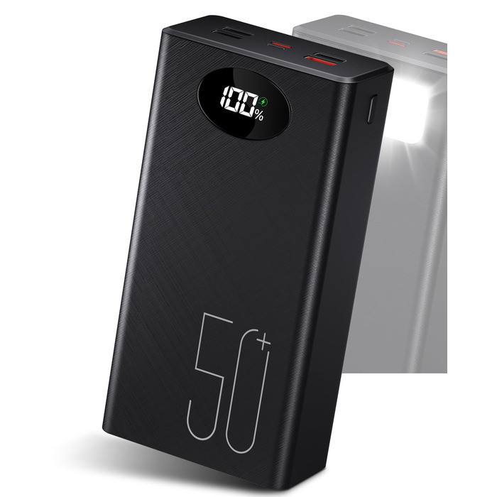 Power Bank 50000mAh 22.5W Чорний: Швидка зарядка, 5 USB виходів, 2 входи, Ліхтарик