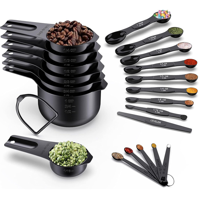 Wildone 21 black measuring cups and spoons, including 7 stainless steel measuring cups, 8 double-sided measuring spoons, 1 leveler, and 5 mini spoons.
