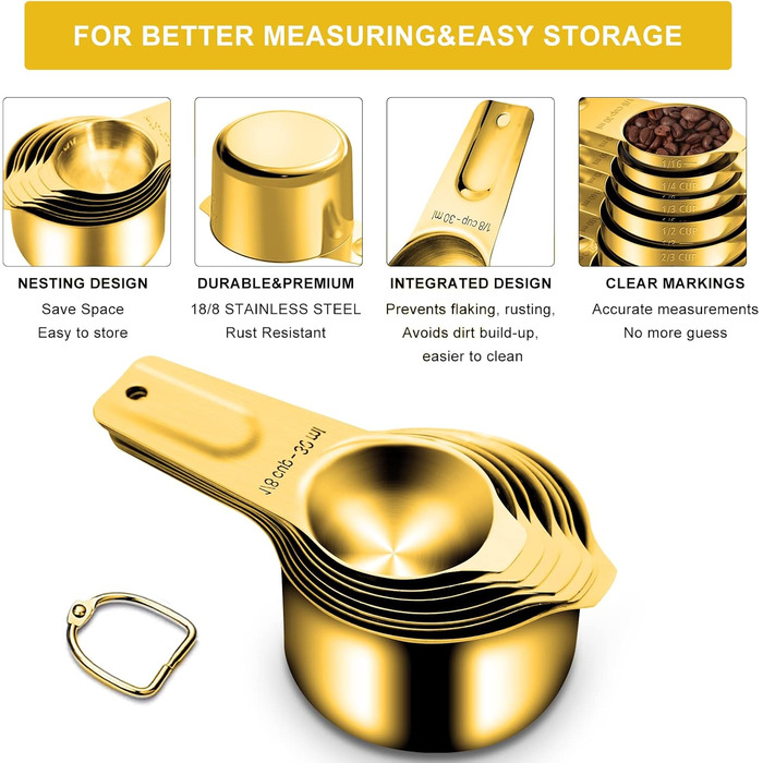 Gold-colored measuring cups and spoons, 15 pieces, 18/8 stainless steel, including 7 stackable metal measuring cups, 8 magnetic measuring spoons – ideal kitchen aids for cooking and baking