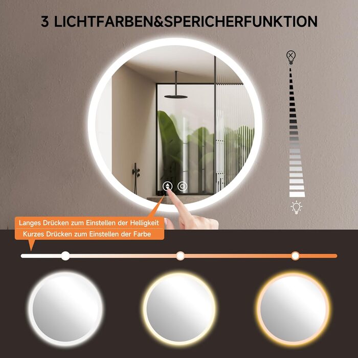 Дзеркало для ванної кімнати YOLEO кругле з підсвічуванням, 60 см, з сенсорним вимикачем, захисне скло, 3 кольори світла, регулювання яскравості, 6500K (50x50 см)