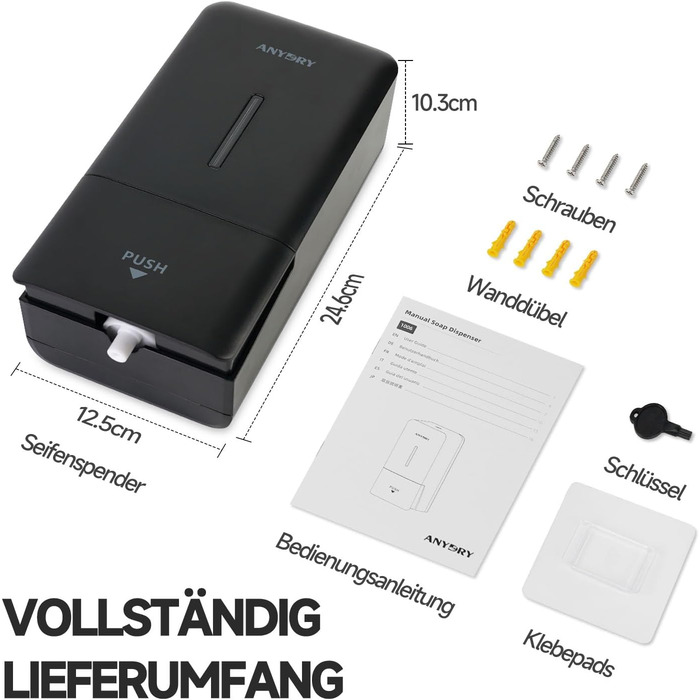 Anydry Ручний Дозатор для Мила настінний, 800 мл, з вікном, чорний 1006