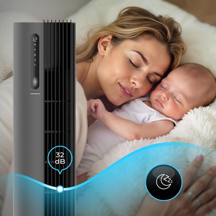 Турбовентилятор 110 см з пультом керування, тихий вентилятор-вежа, 30W, 12 швидкостей, таймер 12h, іонізація, охолоджувач повітря PURE Plasma, білий (сірий)