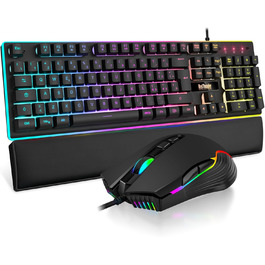 RedThunder K10 Бездротова ігрова клавіатура та миша з підсвічуванням LED, акумулятор 3800 mAh, механічне відчуття, Anti-Ghosting, миша 7D 3200 DPI, QWERTY-розкладка, для PC геймерів (Чорний)