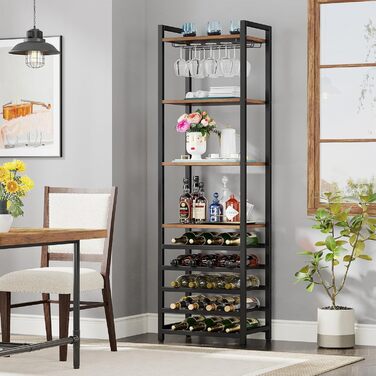 Tribesigns 20 Bottle Wine Baker's Rack, Freestanding Wine Rack, 9 Tiers, Industrial Freestanding Wine Rack Wine Bar with Glass Holder, Bottle Shelf for Bar, Kitchen, Dining Room, Rustic Brown