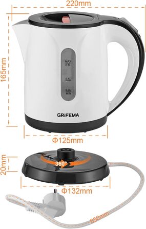 Електричний чайник GRIFEMA 0.8L, 1100W з фільтром від накипу, без BPA, автоматичне вимкнення, захист від перегріву, білий пластик