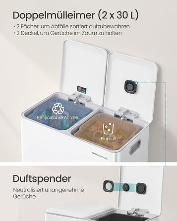 Сміттєвий відер SONGMICS POPNEX для кухні, 2 відсіки по 30 л, система сортування сміття з нержавіючої сталі, Softclose, з педаллю та внутрішніми відрами, колір білий (LTB743E01)