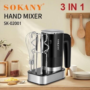 Міксер SOKANY 800W з нержавіючої сталі, 5 швидкостей, 3-в-1 (з гаками для тіста та вінчиками), Sk-02001