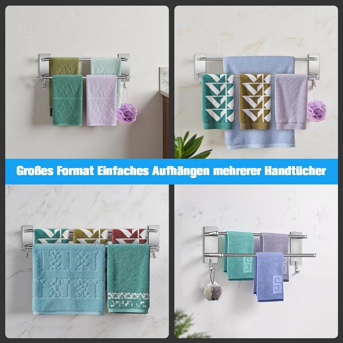 Тримач для рушників без свердління, 60 см, самоклеючий, з гачками, нержавіюча сталь, вологостійкий, для ванної кімнати та кухні, срібляний