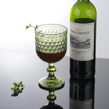 Joeyan 350ml Green Vintage Wine Glasses with Diamond Embossed Design, Colorful Goblet Glasses Wine Cup Set for Wine Juice Drinks, Set of 4 Retro Glasses with Stem, Dishwasher Safe