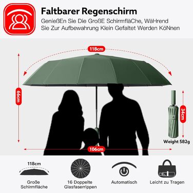 Стійкий до вітру парасолька-тростина, автоматичний, великий, з 16 ребрами, покриття Teflon 210T, захист від УФ-променів (зелений)