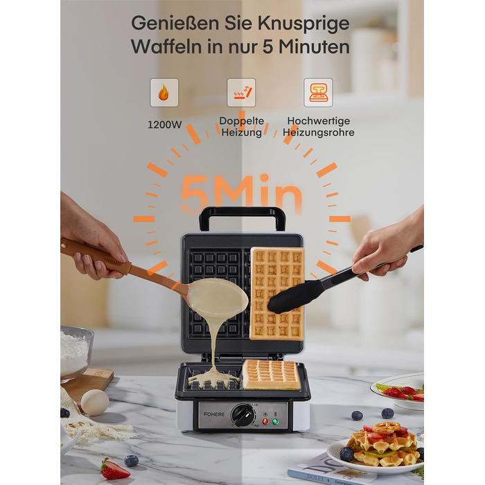 Електричний вафельниця FOHERE 2 шт. | 1200 Вт | Вафельниця, гриль для сендвічів, тостер | Антипригарне покриття