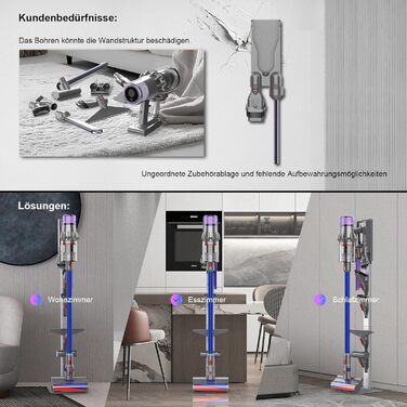 Підставка для пилососа Dyson з розкладними гачками та міцною основою з вуглецевої сталі – монтаж без свердління, компактне зберігання для всіх бездротових пилососів Dyson та аксесуарів, сірий колір