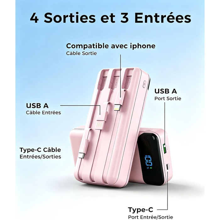 Power Bank Enerwow 27000mAh з USB-C кабелем, 4 порти, LED дисплей - Зовнішній акумулятор для iPhone та інших пристроїв (Рожевий, P300C)