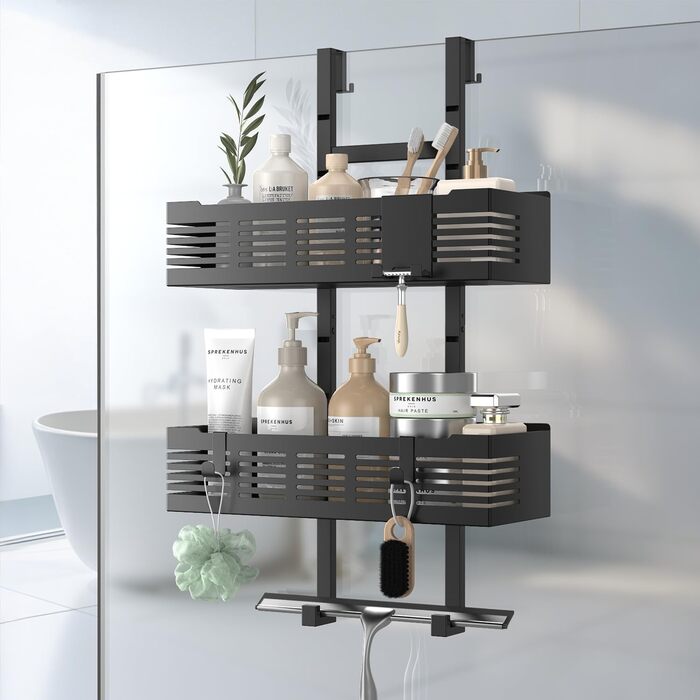 Поличка для душу AIGOCITY без свердління, чорна, для скляних душових кабін, з 3 гачками, регульована висота, для шампуню та гелю для душу