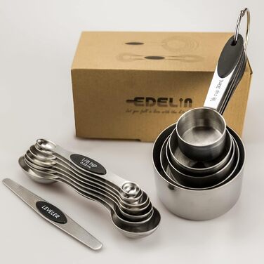 EDELIN Measuring Cups and Magnetic Measuring Spoons, Stainless Steel, 5 Cups and 7 Spoons (black)