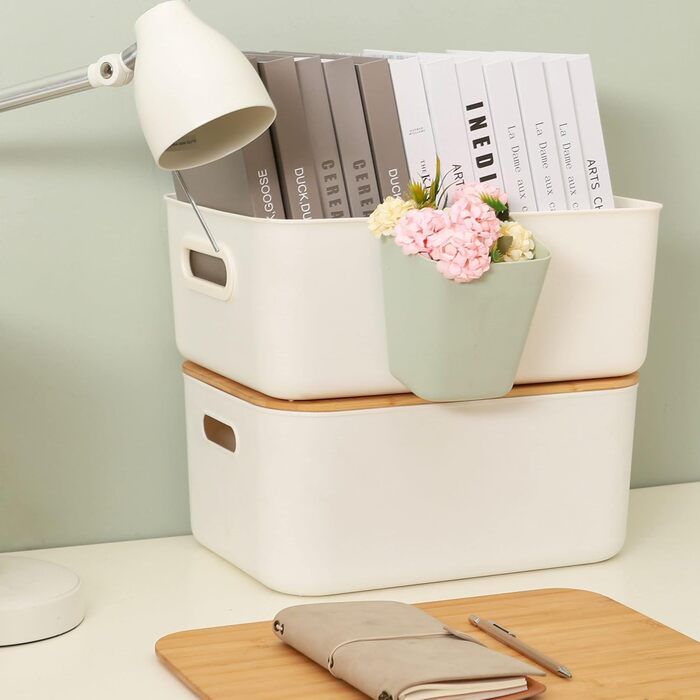 Kerhouze 2 PCS Storage Box with Bamboo Lid White Storage Plastic Box for Organization Stackable Storage Boxes with Handle for Kitchen Bathroom 38.4 * 27 * 15.2cm, 13L