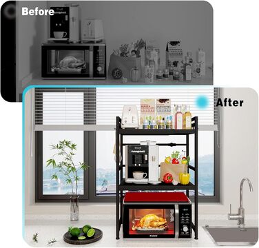 Регульована підставка для мікрохвильової печі, 2-рівнева розширювана, з вуглецевої сталі, з 8 гачками, органайзер для кухні (1 шт, чорний)