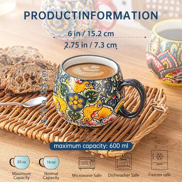 Набір чашок з порцеляни, керамічні чашки капучино/кружки - 600 мл, посуд для 6 осіб, набір чашок для кави - богемний стиль