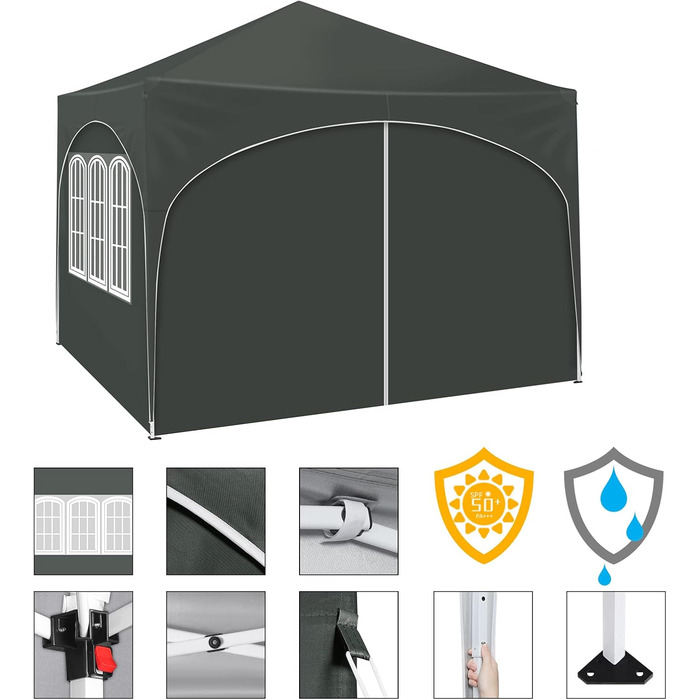 WOLTU Gazebo, Folding Gazebo 3x3 m, with 4 Side Walls, Party Tent Waterproof UV Protection 50+, Adjustable Height Garden Gazebo, with Carry Bag, for Outdoor Garden Camping Grey