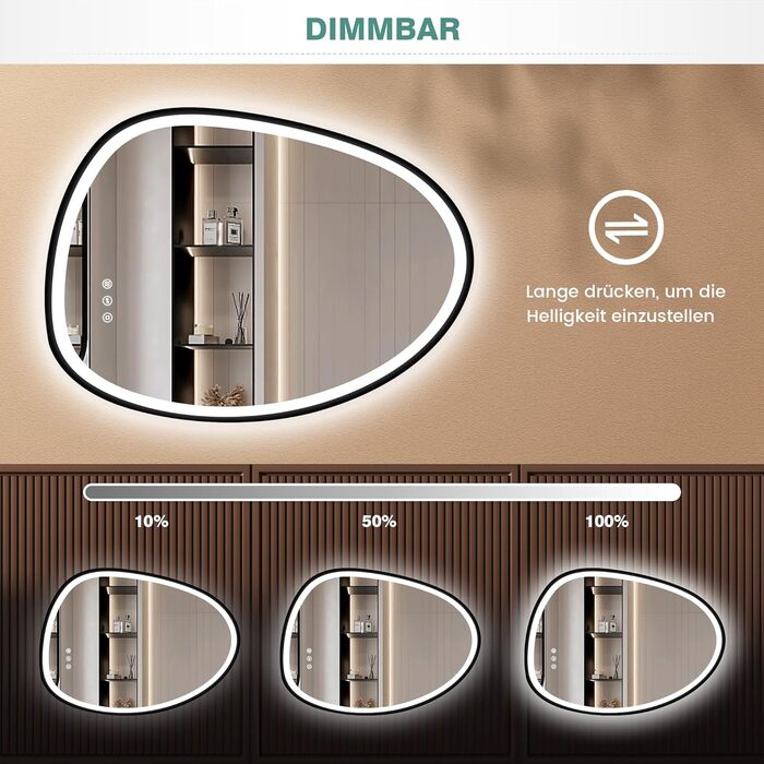 Дзеркало з підсвіткою, асиметричне LED, 75x55 см, з сенсорним вимикачем, антизапар, 3 кольори світла, регулювання яскравості, функція пам'яті, чорний (горизонтальне/вертикальне)