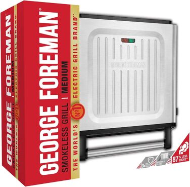 George Foreman Smokeless Grill - Indoor BBQ with Adjustable Temperature & Dishwasher-Safe Grill Plate