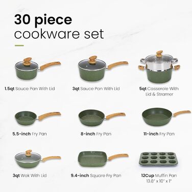 Набір посуду Kitchen Academy 30 предметів: каструлі та сковорідки з антипригарним покриттям, індукція, гранітне покриття, зелений
