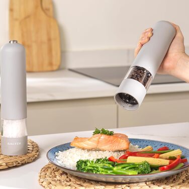 Набір електричних мельниць для солі та перцю Salter – зручне управління однією рукою, керамічний млин, регульований ступінь помелу, м'яке покриття, підсвічений цоколь (Cosmos Grey)