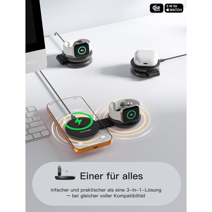 Бездротовий зарядний пристрій 2-в-1 Qi2 25W з MagSafe для iPhone 15/14/13/12, Apple Watch, AirPods + Блок живлення 30W (Чорний)