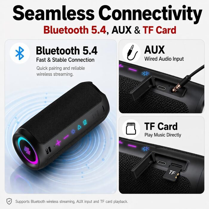 Портативна Bluetooth колонка TIMU з підсвіткою, 25 Вт, IPX7, 20 год, AUX, TF-карта, чорна