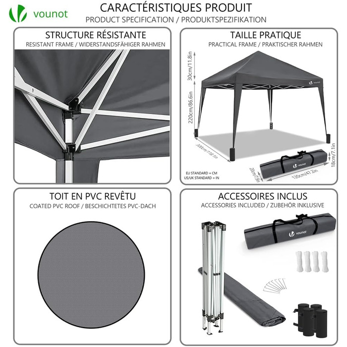 VOUNOT® Folding Gazebo 3x3m, with 4 Sandbags, Pop-Up Gazebo, UV Protection 50+, Grey