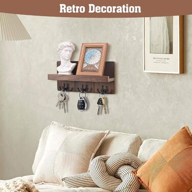 Дерев'яне ключниця з полицею та 6 гачками, ключниця на стіну для прихожей, коридору, кухні (Колір: Коричневий)