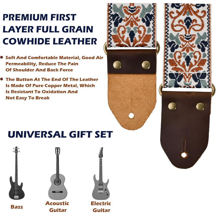 Гітарний ремінь з бавовни для акустичної гітари, 2 шт., вишиті ремені для бас-гітари, електрогітари та акустичної гітари, безкоштовна пряжка, замок для ременя та медіатор (Retro-gold-jacquard)