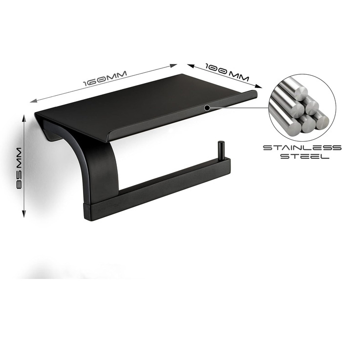 Sagittarius One 160S1 Stainless Steel Toilet Paper Holder with Shelf - Matte Black | Phone Shelf | WC Paper Holder | Toilet Paper Dispenser