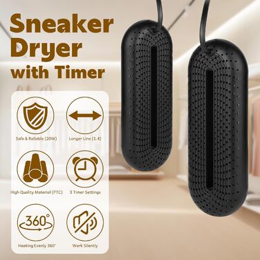 Електричний сушильник для взуття та черевиків з таймером, тихий, видаляє запахи, чорний, з EU-штекером